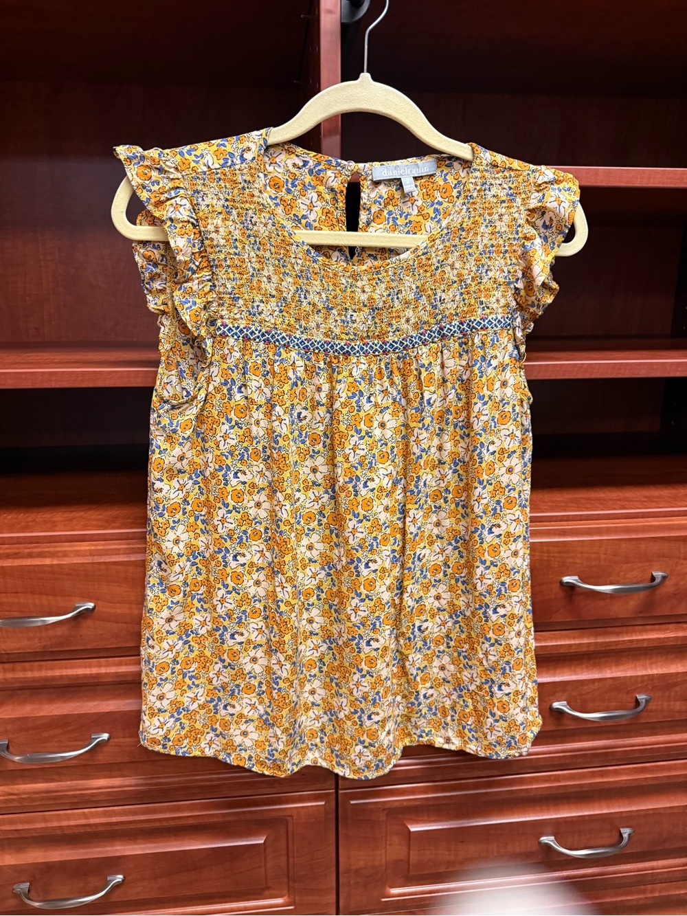 Daniel Rainn Yellow Floral Smocked Ruffle Sleeve Top